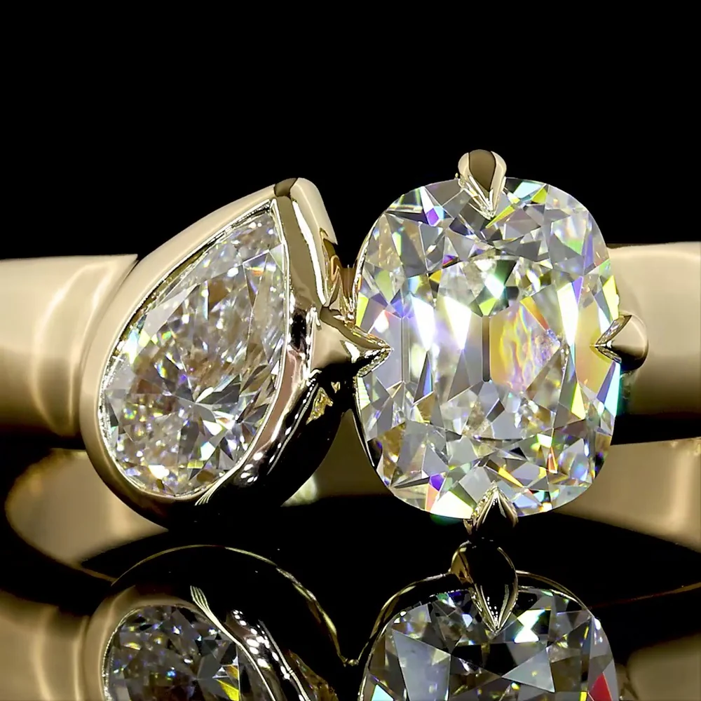 14K Yellow Gold Toi et Moi Ring with 0.52 Carat Pear Shape and 1.04 Carat Antique Cushion Cut Lab Diamonds - 1.56 Carat Total Diamond Weight - Covaloro Fine Jewelry - Image 2
