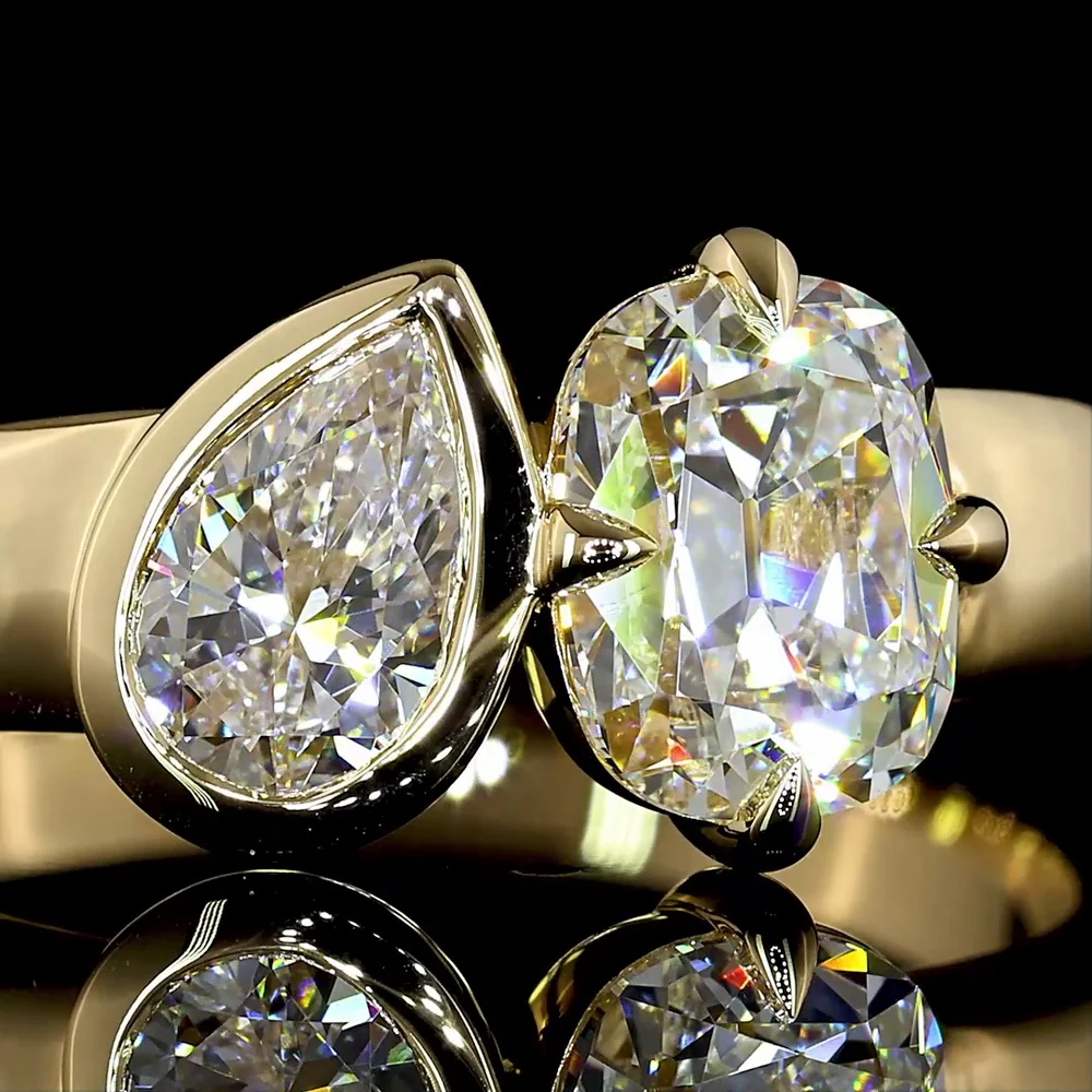 14K Yellow Gold Toi et Moi Ring with Antique Cushion and Pear Shape Lab Diamonds - 1.50 Carats Total Diamond Weight - Covaloro Fine Jewelry - Image 2