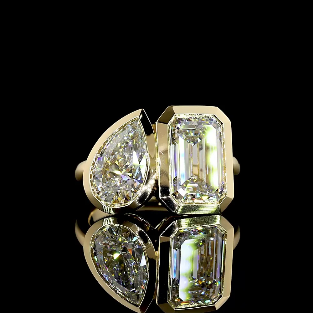 14K Yellow Gold Toi et Moi Ring with Bezel Set 3.12 Carat Emerald Cut and 1.52 Carat Pear Cut Lab Diamonds - 4.64 Total Carat Weight - Covaloro Fine Jewelry