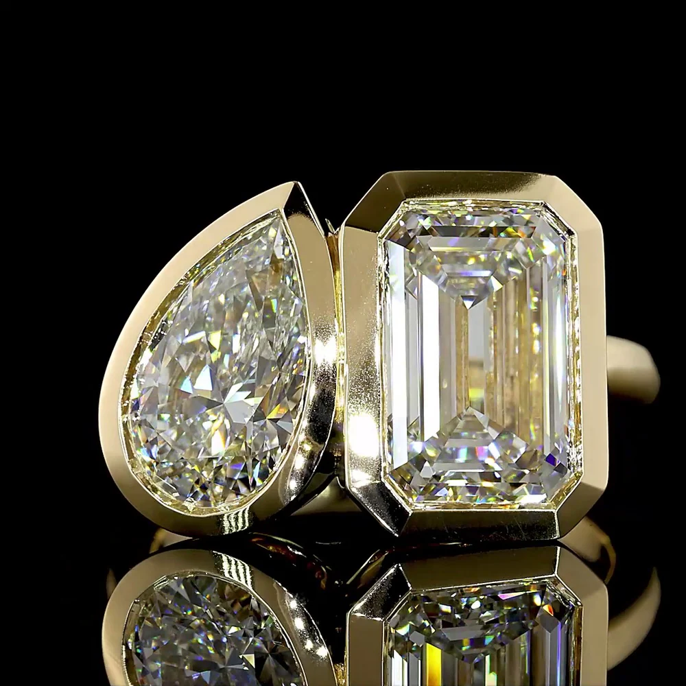 14K Yellow Gold Toi et Moi Ring with Bezel Set 3.12 Carat Emerald Cut and 1.52 Carat Pear Cut Lab Diamonds - 4.64 Total Carat Weight - Covaloro Fine Jewelry - Image 2