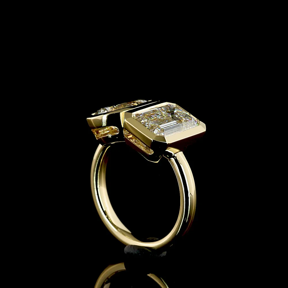 14K Yellow Gold Toi et Moi Ring with Bezel Set 3.12 Carat Emerald Cut and 1.52 Carat Pear Cut Lab Diamonds - 4.64 Total Carat Weight - Covaloro Fine Jewelry - Image 3