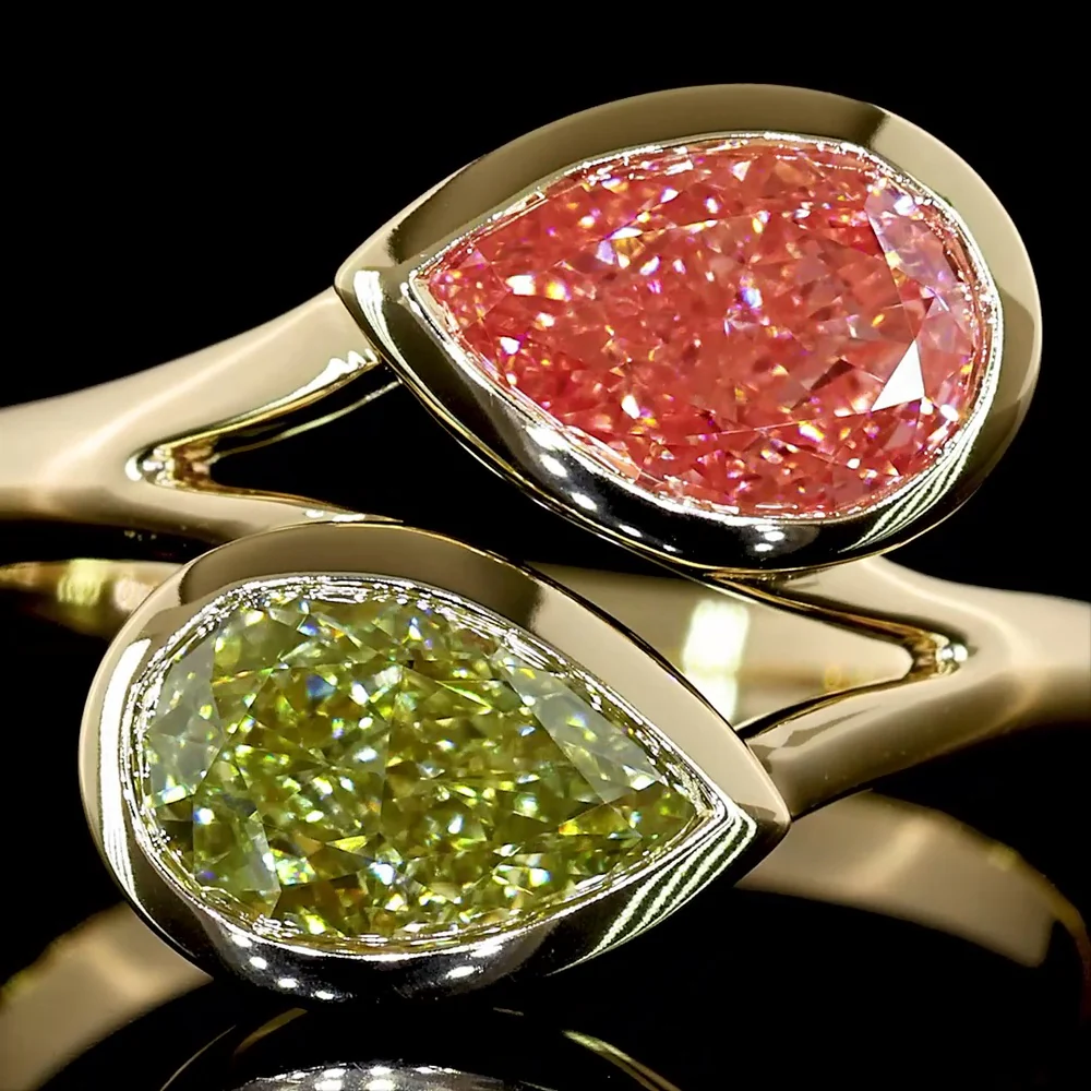 14K Yellow Gold Toi et Moi Ring with Bezel Set Pear Shape Fancy Vivid Yellow Lab Diamonds - 2.37 Carat Total Weight - Covaloro Fine Jewelry - Image 2