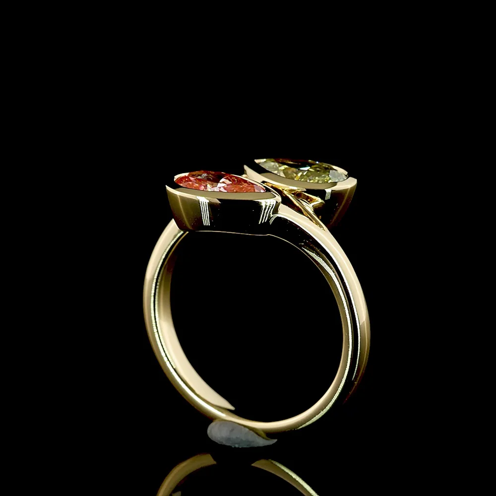 14K Yellow Gold Toi et Moi Ring with Bezel Set Pear Shape Fancy Vivid Yellow Lab Diamonds - 2.37 Carat Total Weight - Covaloro Fine Jewelry - Image 3