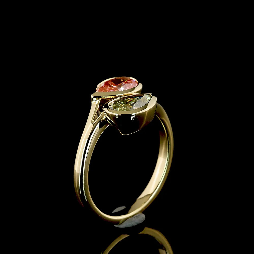 14K Yellow Gold Toi et Moi Ring with Bezel Set Pear Shape Fancy Vivid Yellow Lab Diamonds - 2.37 Carat Total Weight - Covaloro Fine Jewelry - Image 4