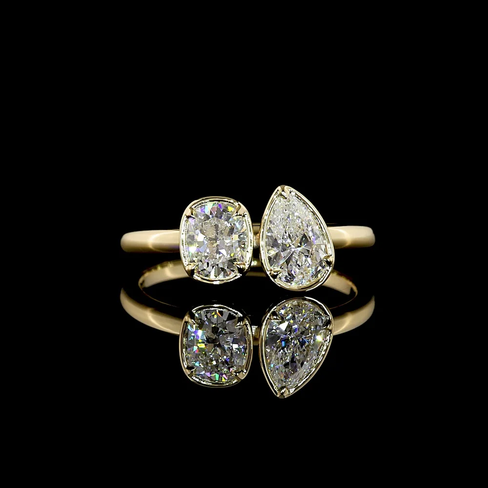 14K Yellow Gold Toi et Moi Ring with Cushion Brilliant and Pear Shape Lab Diamonds - 0.99 Carats Total Diamond Weight - Covaloro Fine Jewelry
