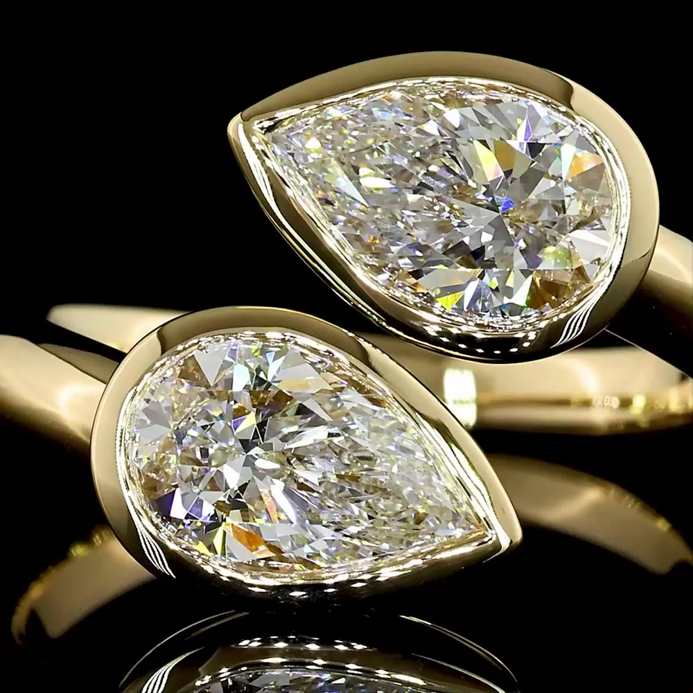 14K Yellow Gold Toi et Moi Ring with East-West Bezel Set Pear Shape Lab Diamonds - 2.00 Total Carat Weight, D VVS2 Clarity - Covaloro Fine Jewelry - Image 2