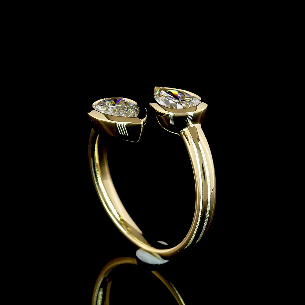 14K Yellow Gold Toi et Moi Ring with East-West Pear Shaped Lab Diamonds - 1.98 Carat Total Weight (1.00 Carats F VS1 & 0.98 Carats E VVS2) - Covaloro Fine Jewelry - Image 3