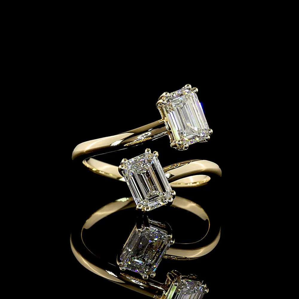 14K Yellow Gold Toi et Moi Ring with Inclined Emerald Cut Lab Diamonds - 2.09 Carat Total Diamond Weight (One 1.02 Carats F VVS2 and One 1.07 Carats E VS1) - Covaloro Fine Jewelry