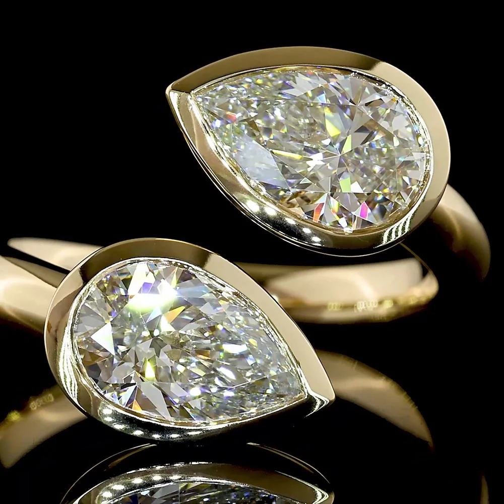 14K Yellow Gold Toi et Moi Ring with Two Bezel-Set Pear Shape Lab Diamonds - F VVS2 Clarity, 2.52 Carat Total Weight - Covaloro Fine Jewelry - Image 2