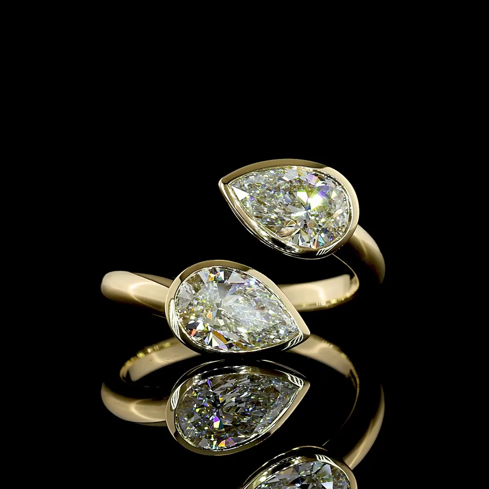 14K Yellow Gold Toi et Moi Ring with Two Pear Shape Lab-Grown Diamonds - 2.04 Carat Total Weight, F Color, VS Clarity, Bezel Set East-West - Covaloro Fine Jewelry