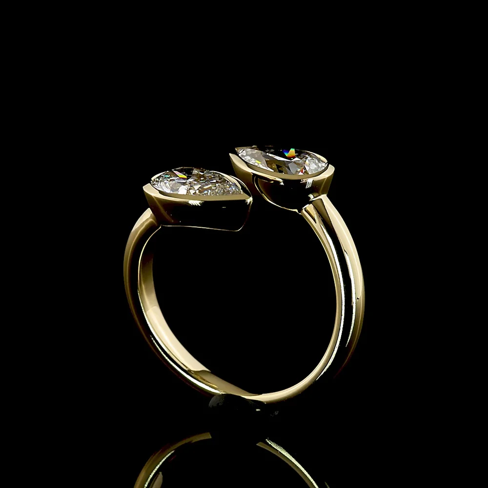 14K Yellow Gold Toi et Moi Ring with Two Pear Shape Lab-Grown Diamonds - 2.04 Carat Total Weight, F Color, VS Clarity, Bezel Set East-West - Covaloro Fine Jewelry - Image 3
