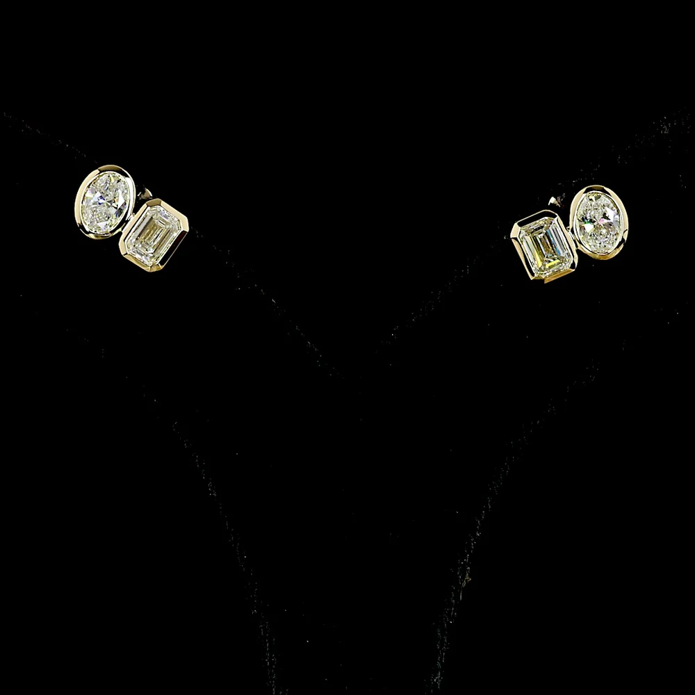14K Yellow Gold Toi et Moi Stud Earrings with Bezel Set Emerald Cut and Oval Cut Lab Diamonds - 1.92 Carat Total Diamond Weight - Covaloro Fine Jewelry