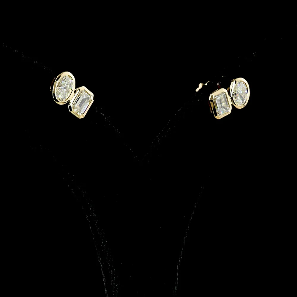 14K Yellow Gold Toi et Moi Stud Earrings with Bezel Set Emerald Cut and Oval Cut Lab Diamonds - 1.92 Carat Total Diamond Weight - Covaloro Fine Jewelry - Image 3
