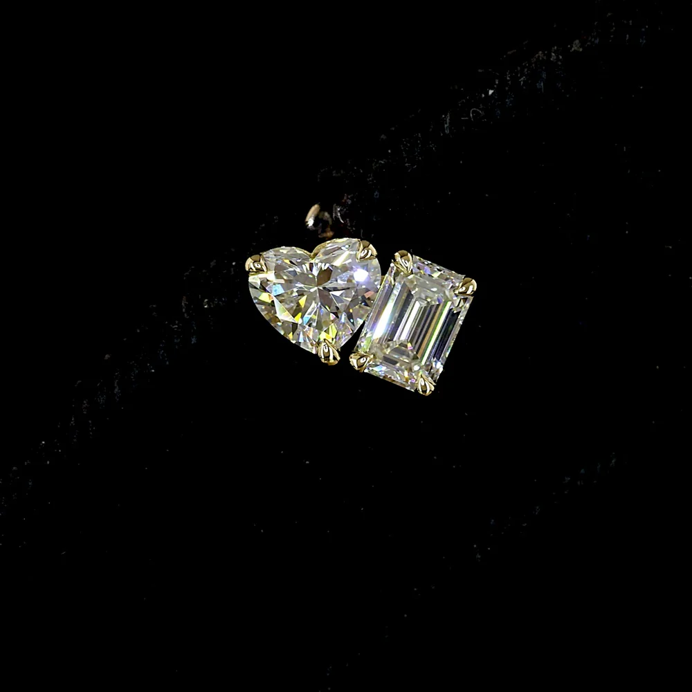 14K Yellow Gold Toi et Moi Stud Earrings with Emerald Cut and Heart Shape Lab Diamonds - 1.56 Carat Total Weight - Covaloro Fine Jewelry - Image 2