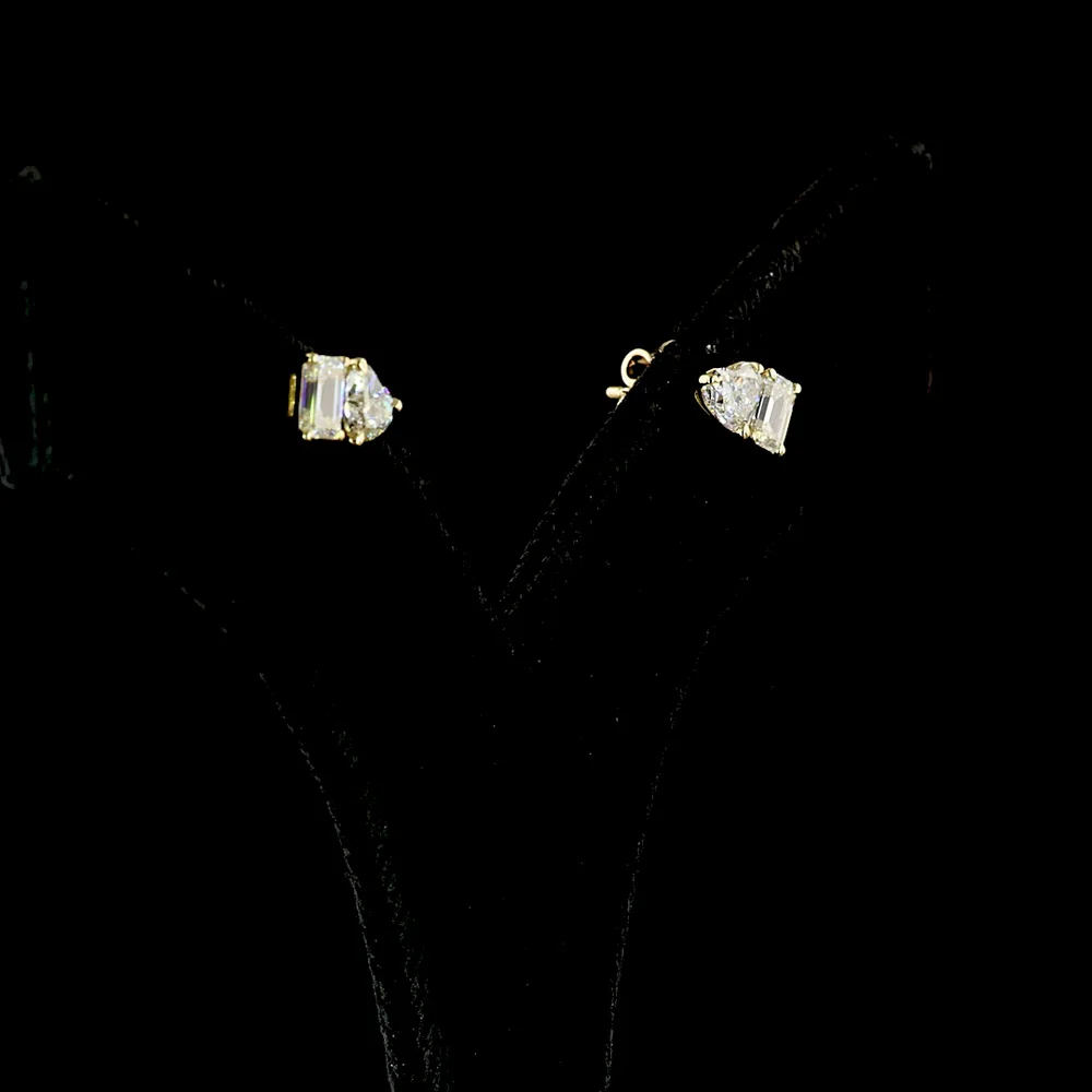 14K Yellow Gold Toi et Moi Stud Earrings with Emerald Cut and Heart Shape Lab Diamonds - 1.56 Carat Total Weight - Covaloro Fine Jewelry - Image 3