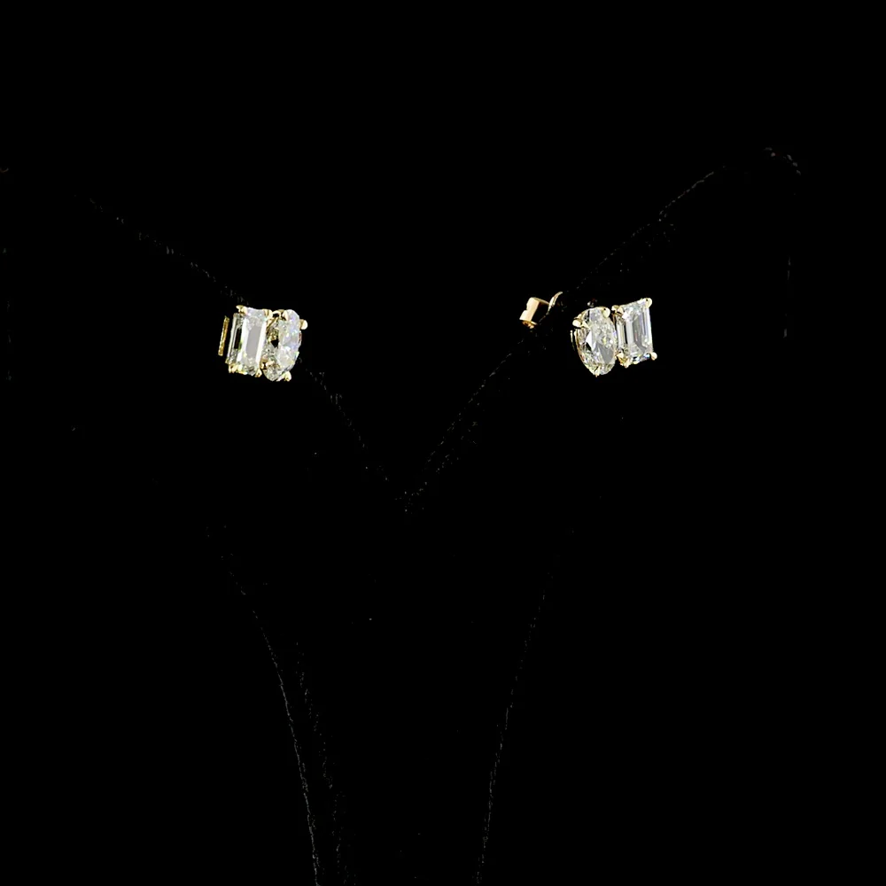 14K Yellow Gold Toi Et Moi Stud Earrings with Inclined Oval and Emerald Cut Lab Diamonds - 1.82 Carats Total Diamond Weight - Covaloro Fine Jewelry - Image 3