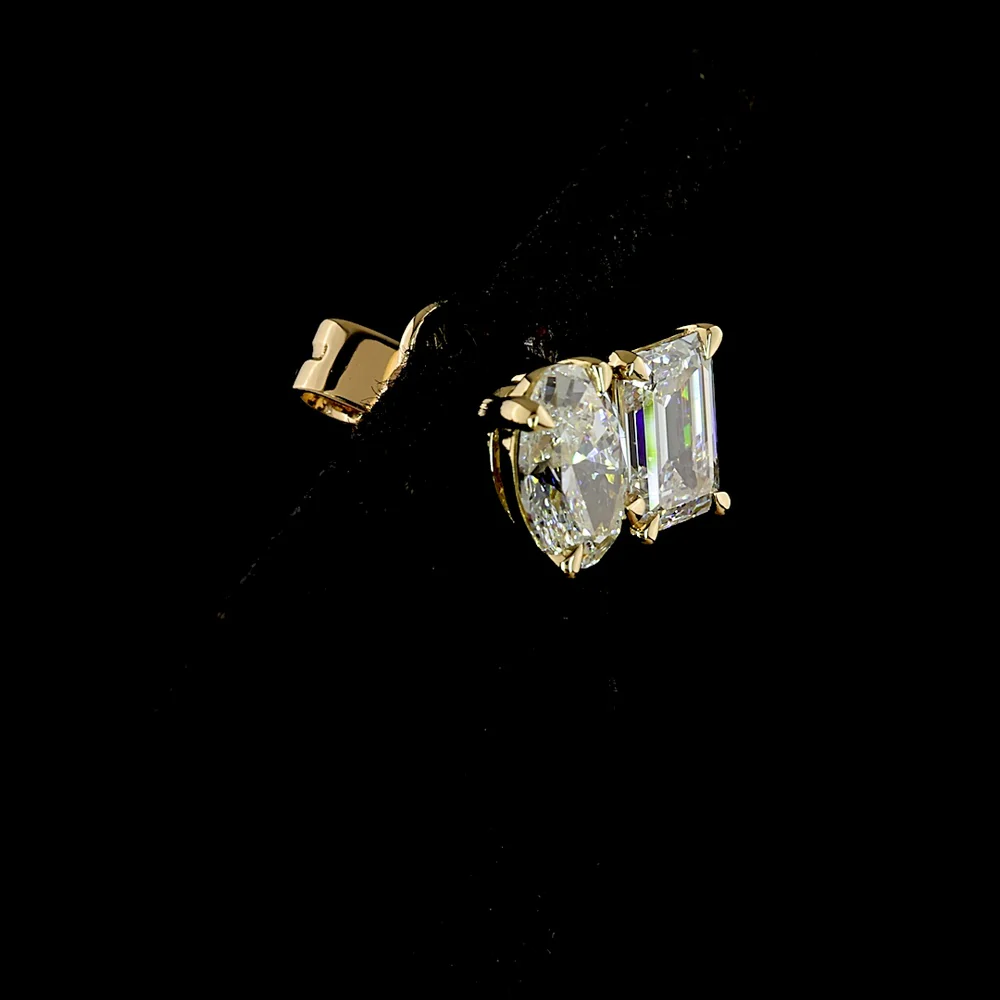 14K Yellow Gold Toi Et Moi Stud Earrings with Inclined Oval and Emerald Cut Lab Diamonds - 1.82 Carats Total Diamond Weight - Covaloro Fine Jewelry - Image 4