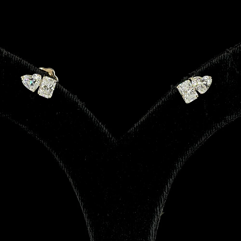 14K Yellow Gold Toi et Moi Stud Earrings with Radiant and Heart Shape Lab Diamonds - 1.95 Carats Total Diamond Weight - Covaloro Fine Jewelry - Image 2