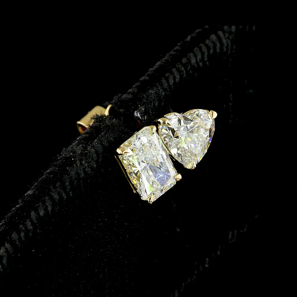 14K Yellow Gold Toi et Moi Stud Earrings with Radiant and Heart Shape Lab Diamonds - 1.95 Carats Total Diamond Weight - Covaloro Fine Jewelry - Image 3