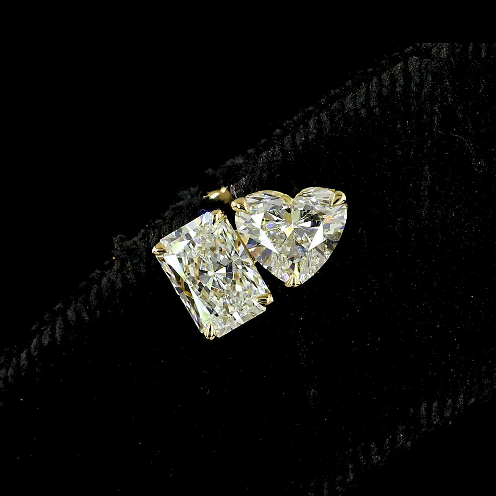 14K Yellow Gold Toi et Moi Stud Earrings with Radiant and Heart Shape Lab Diamonds - 1.95 Carats Total Diamond Weight - Covaloro Fine Jewelry - Image 4