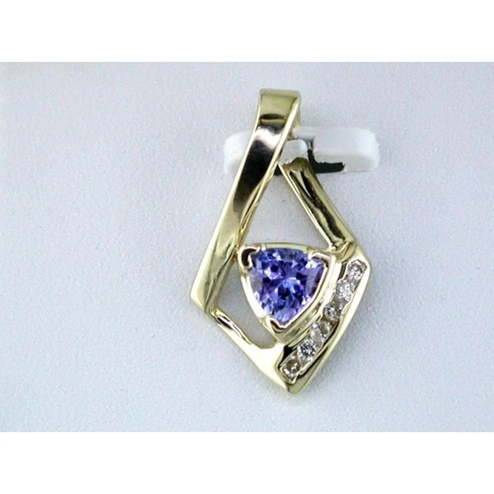 14K Yellow Gold Trillion Cut Tanzanite Pendant with Round Diamond Accents - 0.30 Carat Tanzanite Total Weight - Royal Jewelry