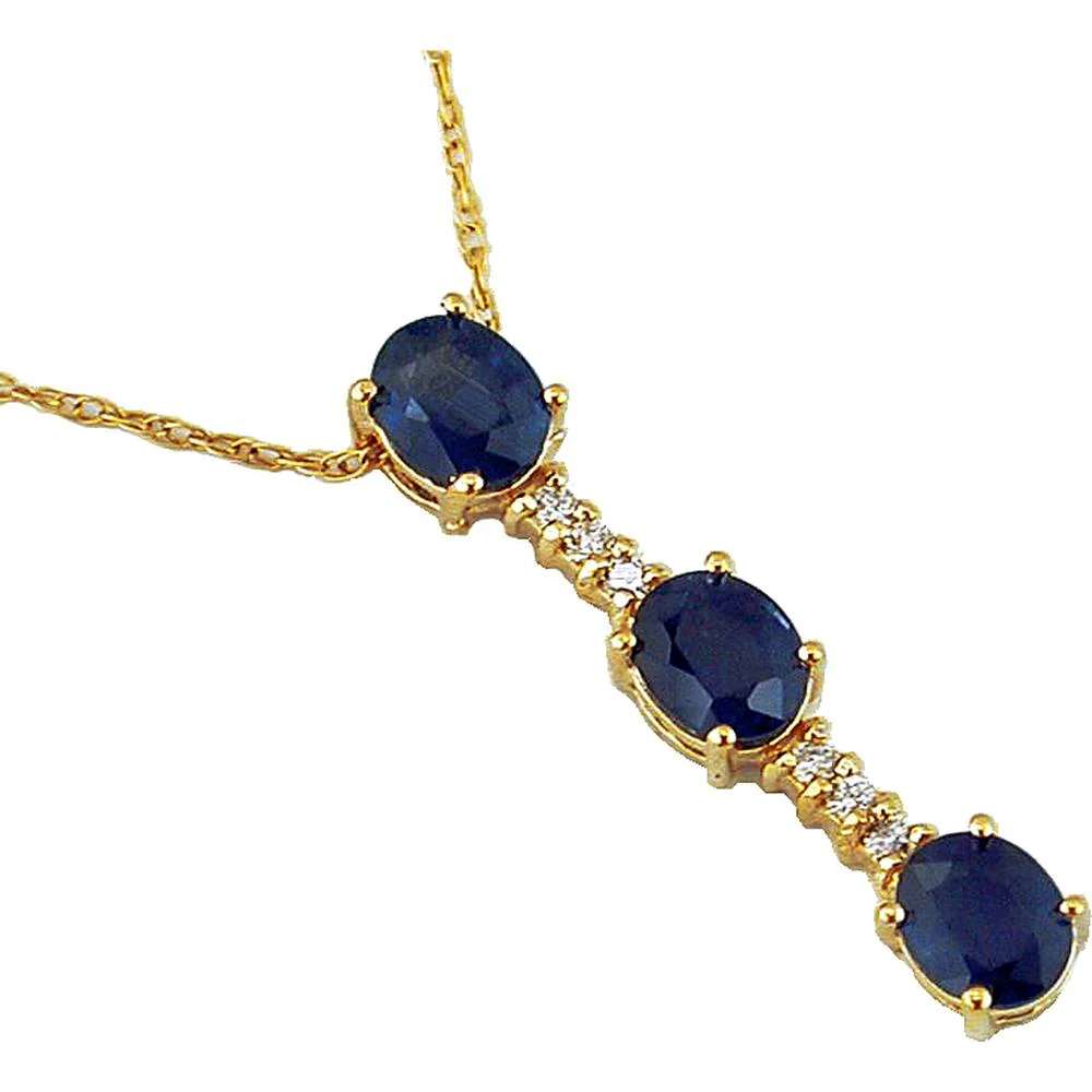 14K Yellow Gold Triple Oval Sapphire Drop Pendant with Diamond Accents - 1.46 Carat Total Gem Weight - Royal Jewelry