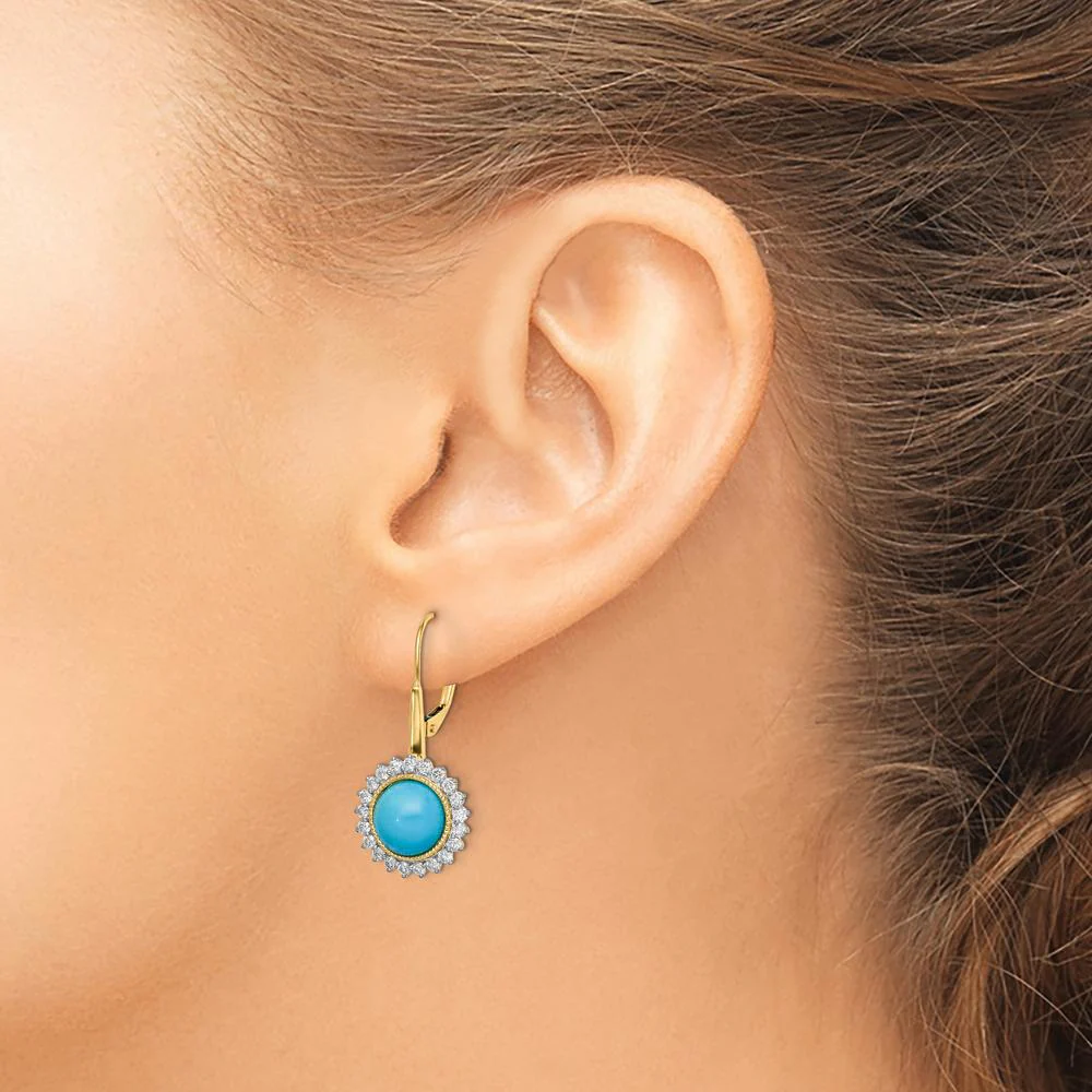 14K Yellow Gold Turquoise and Diamond Drop Earrings with Round Turquoise - 1.43 Carat Total Gemstone Weight by Monteluci Fine Jewelry - Image 3