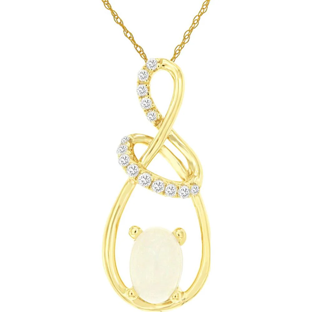 14K Yellow Gold Twist Infinity Pendant with 0.35 Carat Oval Opal and 0.08 Carat Diamond Accents - Royal Jewelry