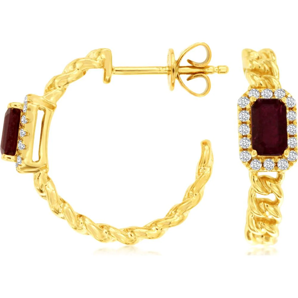 14K Yellow Gold Twisted Hoop Earrings with Emerald-Cut Rubies and Diamond Halos - 0.70 Carat Total Ruby Weight and 0.14 Carat Total Diamond Weight - Royal Jewelry