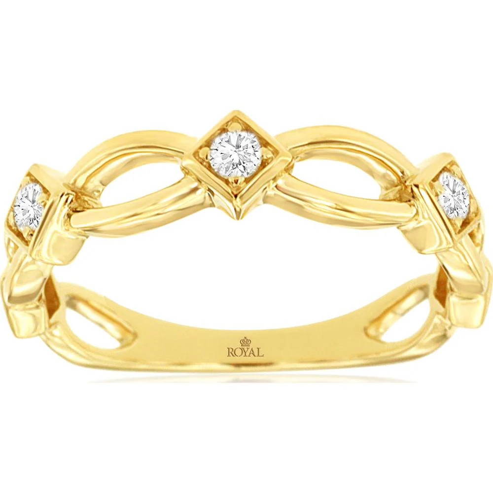 14K Yellow Gold Twisted Openwork Diamond Ring with Three Round Brilliant Cut Diamonds - 0.12 Carat Total Diamond Weight - Royal Jewelry