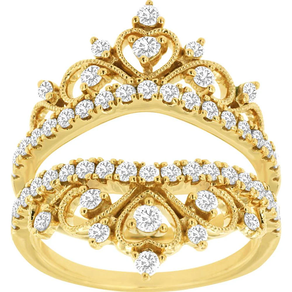 14K Yellow Gold Two-Piece Diamond Insert Crown Ring with Milgrain Detailing and Heart Motif - 1.00 Carat Total Diamond Weight - Royal Jewelry