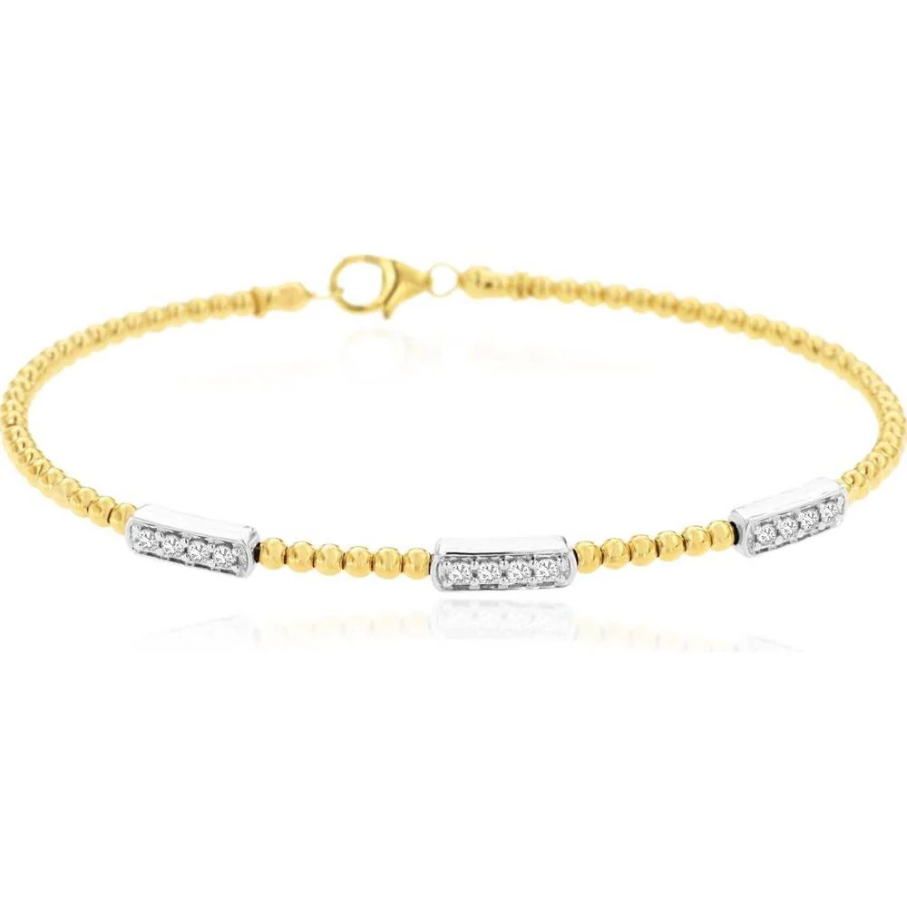 14K Yellow Gold Two-Tone Beaded Diamond Bangle Bracelet with Round Diamond Stations - 0.25 Carat Total Diamond Weight - Royal Jewelry