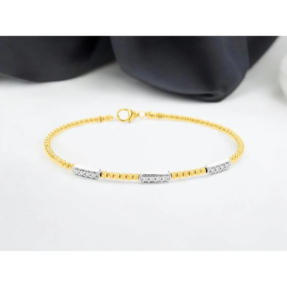 14K Yellow Gold Two-Tone Beaded Diamond Bangle Bracelet with Round Diamond Stations - 0.25 Carat Total Diamond Weight - Royal Jewelry - Image 2