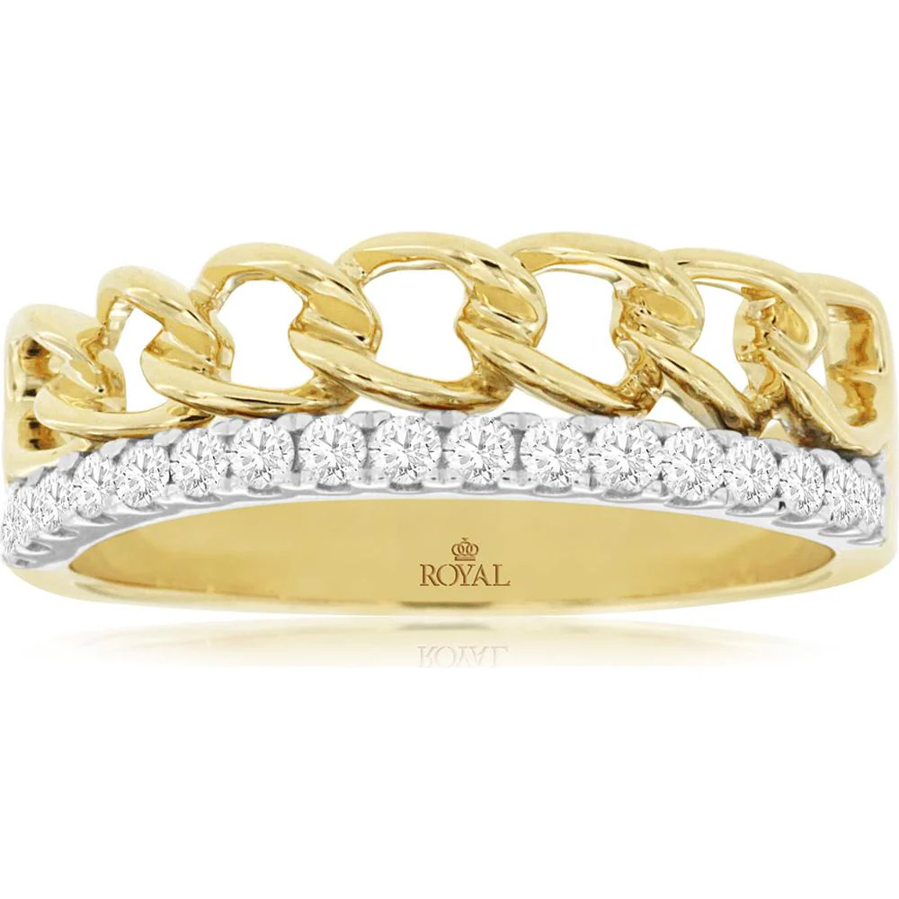 14K Yellow Gold Two-Tone Chain Link Diamond Wedding Band with Round Brilliant Diamonds - 0.27 Carat Total Diamond Weight - Royal Jewelry