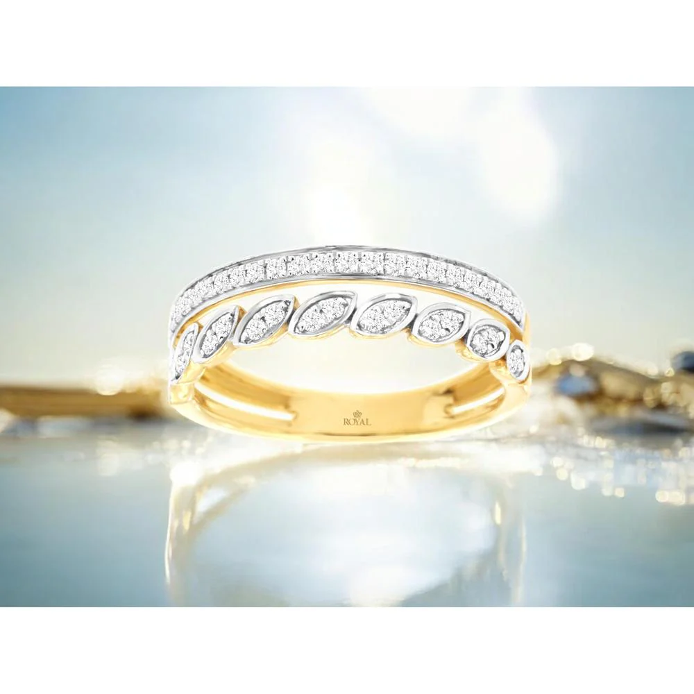 14K Yellow Gold Two-Tone Split Shank Diamond Ring with Marquise Leaf Motif and Round Diamond Accents - 0.27 Carat Total Weight - Royal Jewelry - Image 2