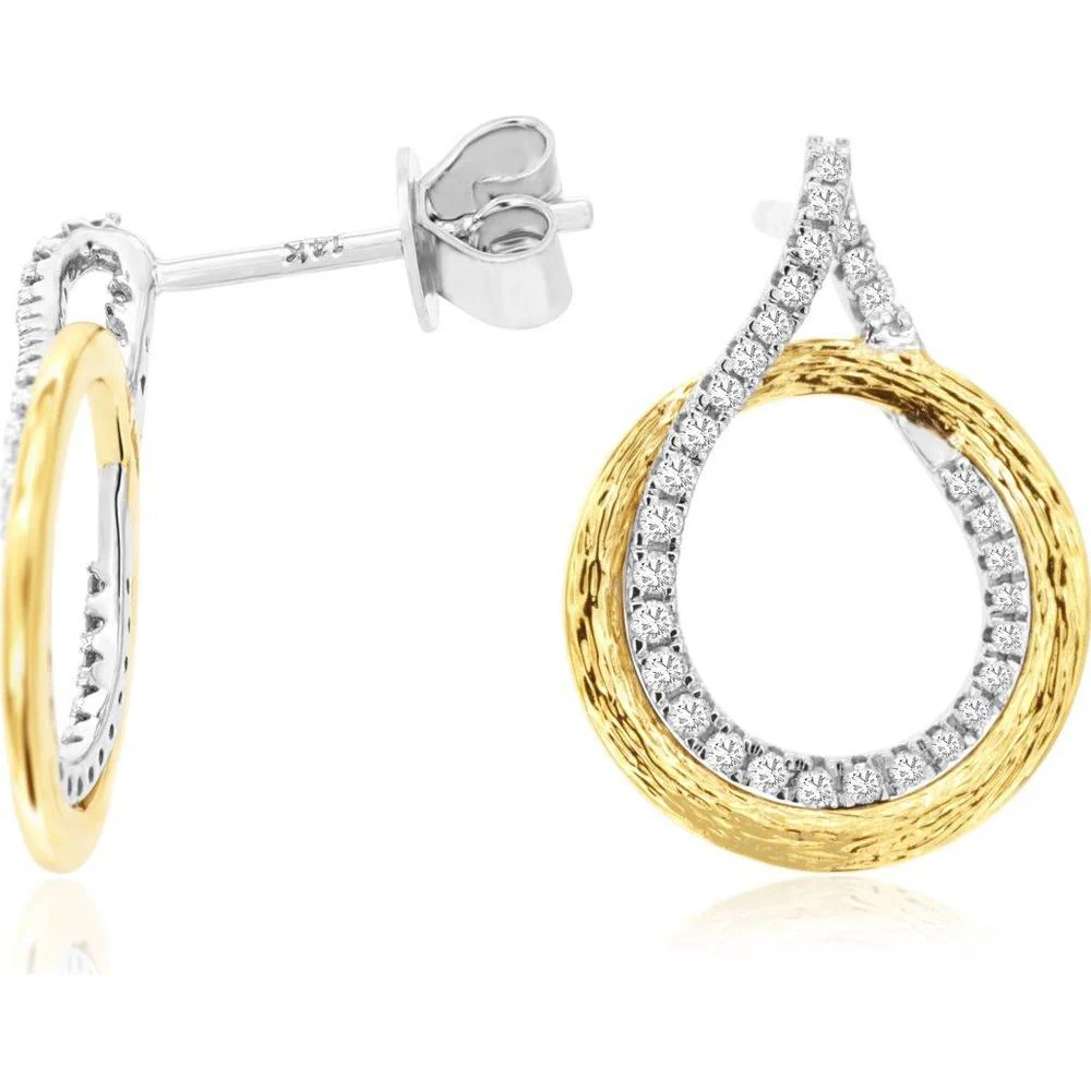 14K Yellow Gold Two-Tone Teardrop Earrings with Textured Outer Band and Round Diamond Lined Inner Loop - 0.25 Carat Total Diamond Weight - Royal Jewelry