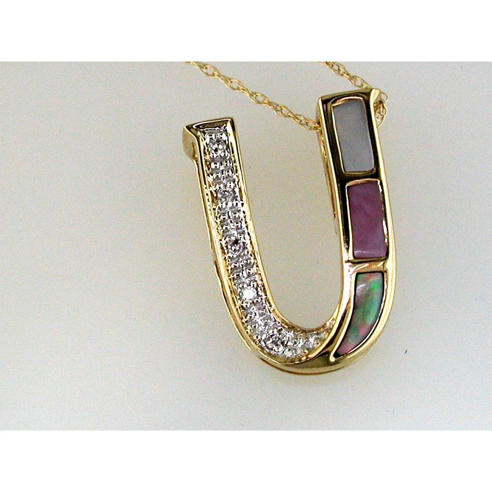 14K Yellow Gold U-Initial Pendant with Diamond Accents and Multi-Stone Mother of Pearl & Abalone Inlay - 0.03 Carat Total Diamond Weight - Royal Jewelry
