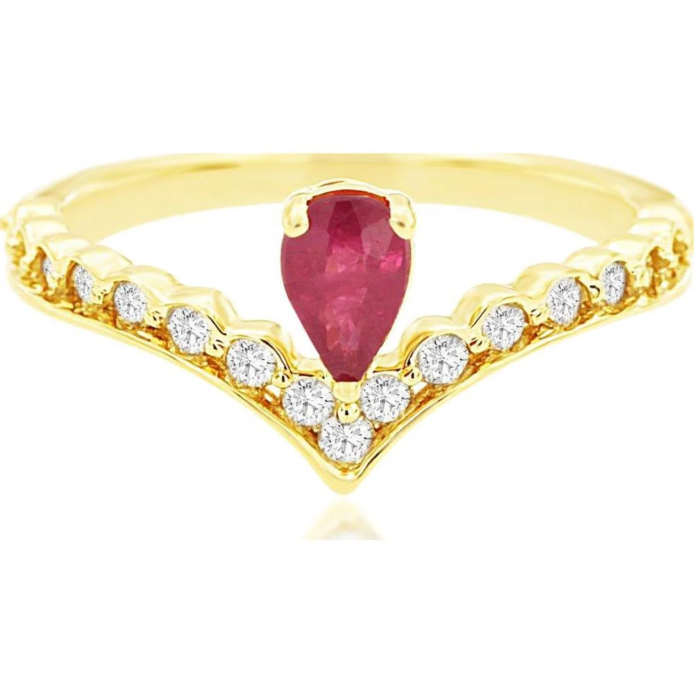 14K Yellow Gold V-Shape Ring with 0.45 Carat Pear-Cut Ruby and 0.37 Carat Round Diamond Accents - Royal Jewelry