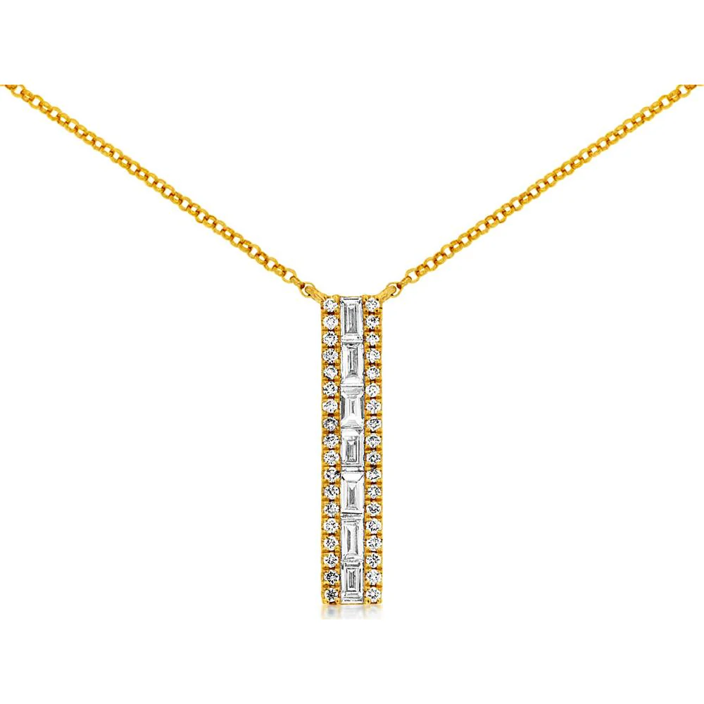 14K Yellow Gold Vertical Bar Pendant Necklace with Baguette and Round Diamonds - 0.43 Carat Total Diamond Weight - Royal Jewelry