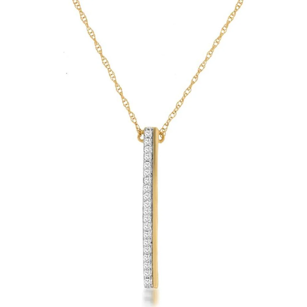 14K Yellow Gold Vertical Diamond Bar Pendant Necklace with Pavé Set Round Diamonds - 0.10 Carat Total Diamond Weight - Royal Jewelry