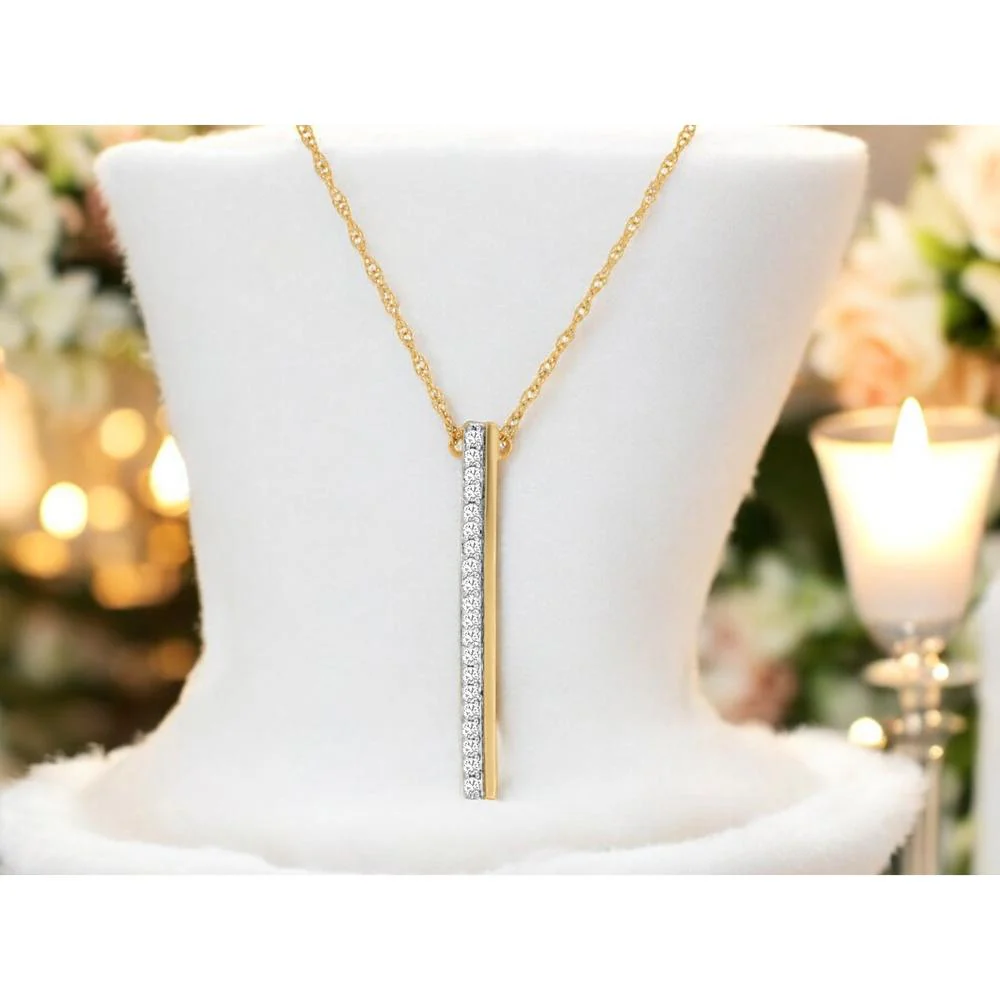 14K Yellow Gold Vertical Diamond Bar Pendant Necklace with Pavé Set Round Diamonds - 0.10 Carat Total Diamond Weight - Royal Jewelry - Image 2
