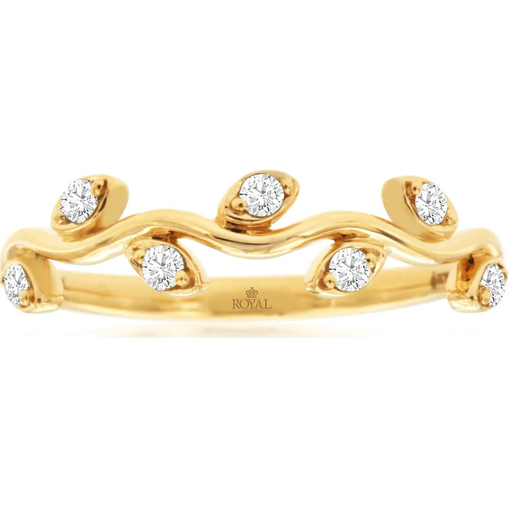 14K Yellow Gold Vine Style Diamond Wedding Band with Round Diamonds - 0.13 Carat Total Diamond Weight - Royal Jewelry