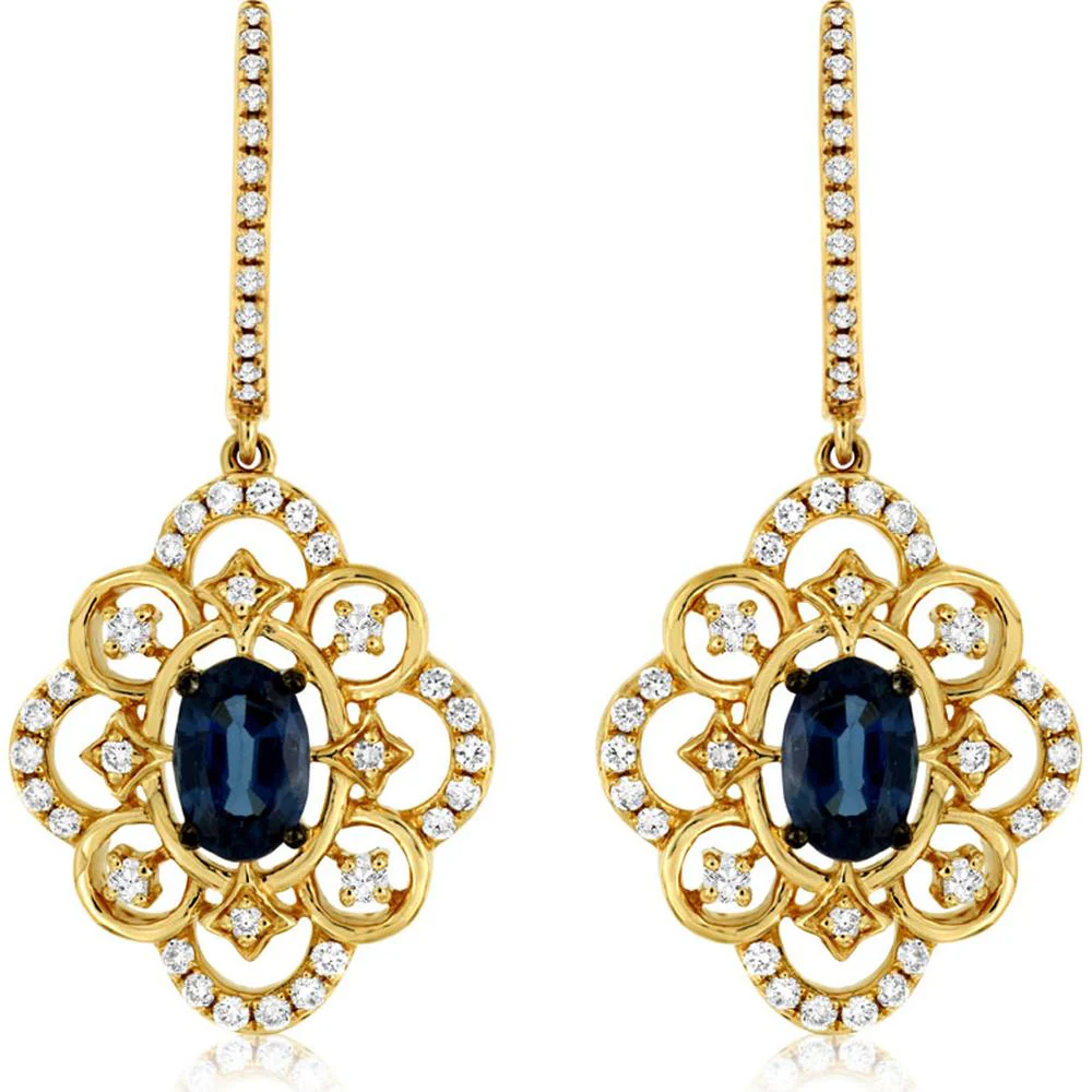 14K Yellow Gold Vintage Drop Earrings with Oval Sapphires and Pave Set Diamonds - 1.12 Carat Total Sapphire Weight, 0.45 Carat Total Diamond Weight - Royal Jewelry