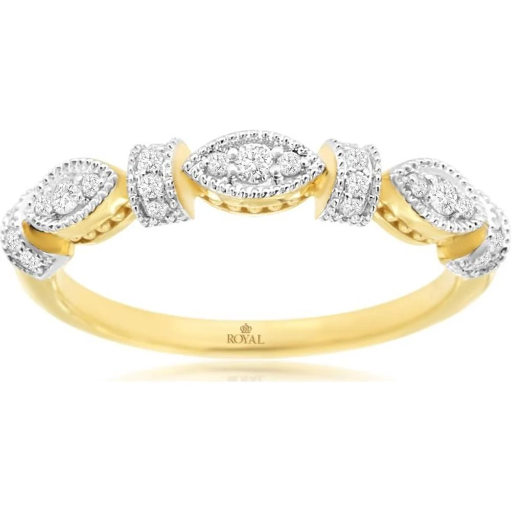 14K Yellow Gold Vintage-Inspired Diamond Band with Marquise Alternating Clusters and Milgrain Detail - 0.20 Carat Total Diamond Weight - Royal Jewelry