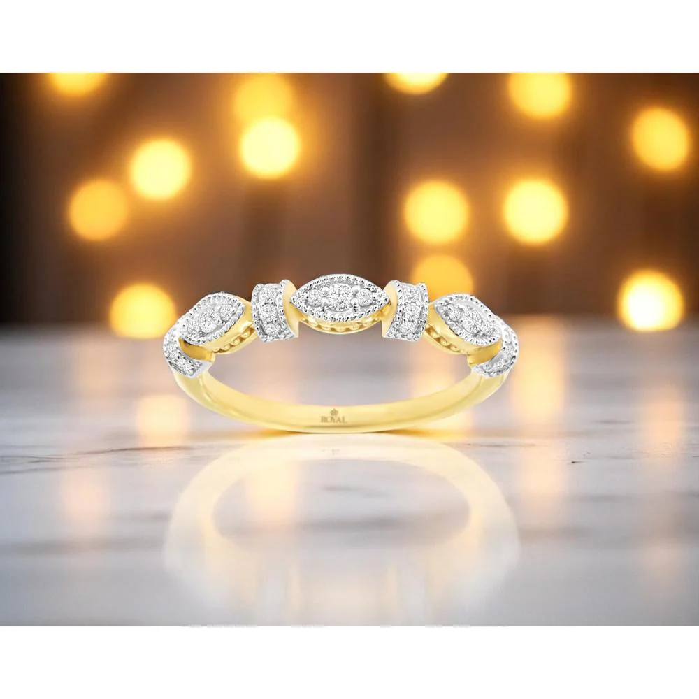 14K Yellow Gold Vintage-Inspired Diamond Band with Marquise Alternating Clusters and Milgrain Detail - 0.20 Carat Total Diamond Weight - Royal Jewelry - Image 2