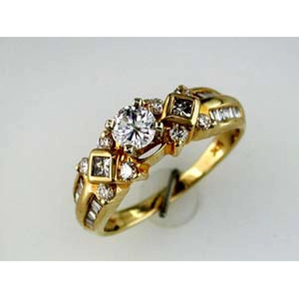 14K Yellow Gold Vintage-Inspired Diamond Engagement Ring with 0.36 Carat Round Center and Baguette Diamond Accents - 1.03 Carat Total Diamond Weight - Royal Jewelry