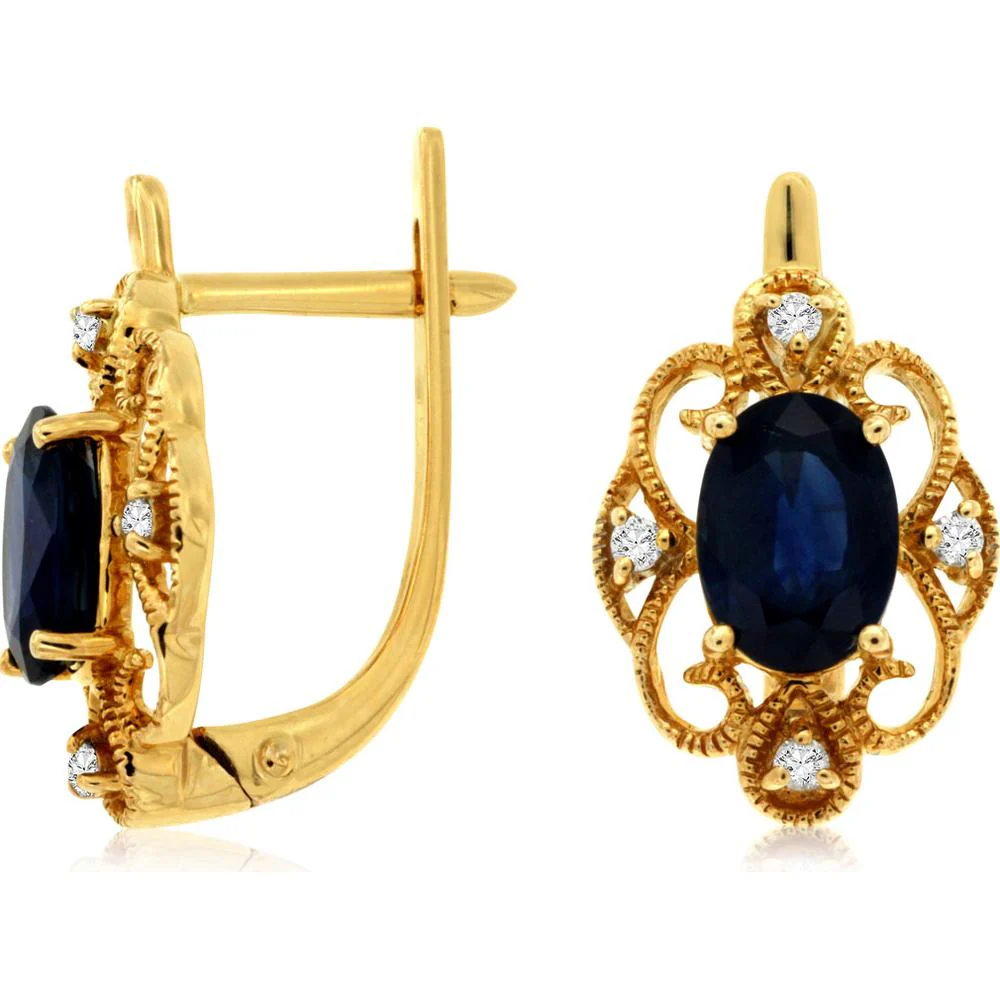 14K Yellow Gold Vintage-Inspired Drop Earrings with Oval Sapphire and Diamond Accents - 2.08 Carat Total Gem Weight - Royal Jewelry