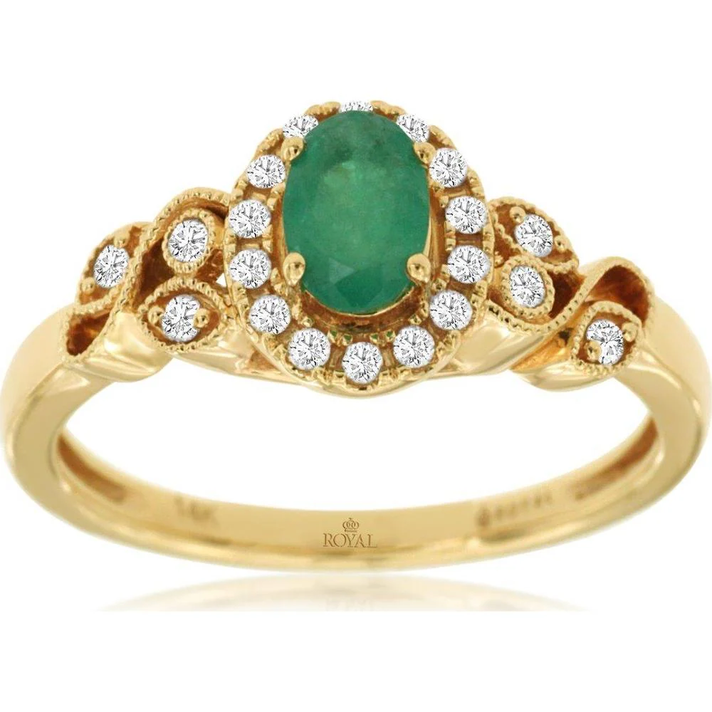 14K Yellow Gold Vintage-Inspired Halo Ring with Oval Emerald and Round Diamonds - 0.44 Carat Emerald & 0.16 Carat Total Diamond Weight - Royal Jewelry