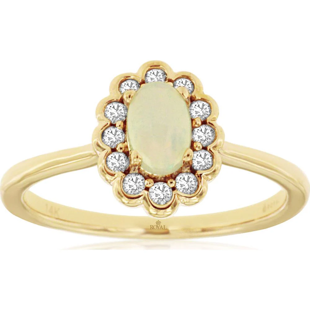 14K Yellow Gold Vintage-Inspired Halo Ring with Oval Opal (0.30 ct) and Round Diamond Accents (0.16 ct) - Scalloped Milgrain Setting - Royal Jewelry
