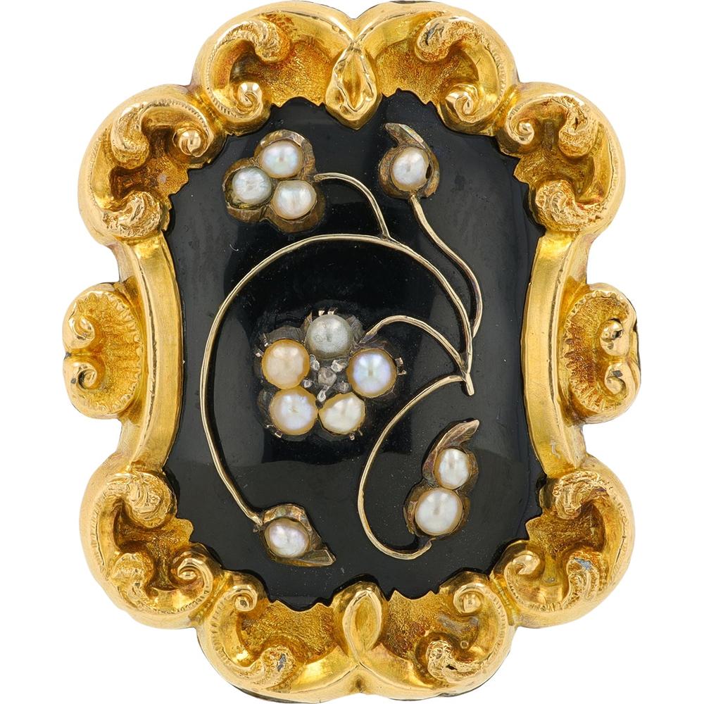 14K Yellow Gold Vintage Onyx & Seed Pearl Brooch with 0.01 Carat Diamond Accent